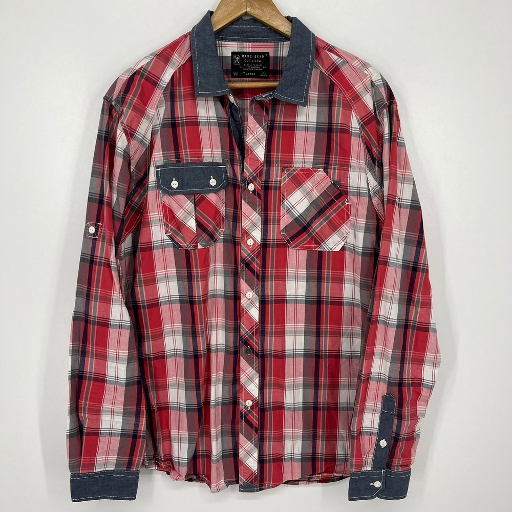 Marc Ecko Cut & Sew Mens Large Red White Plaid Button Down Shirt Long Sleeve